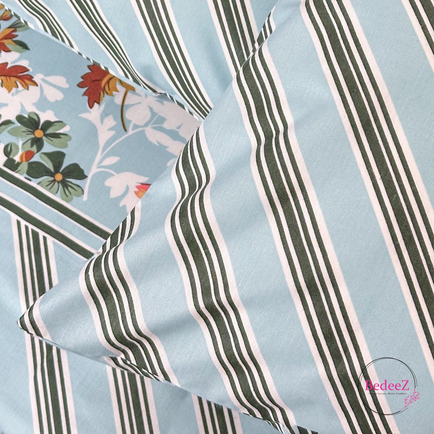 Azure Floral Stripe Cotton Double Bed Bedsheet
