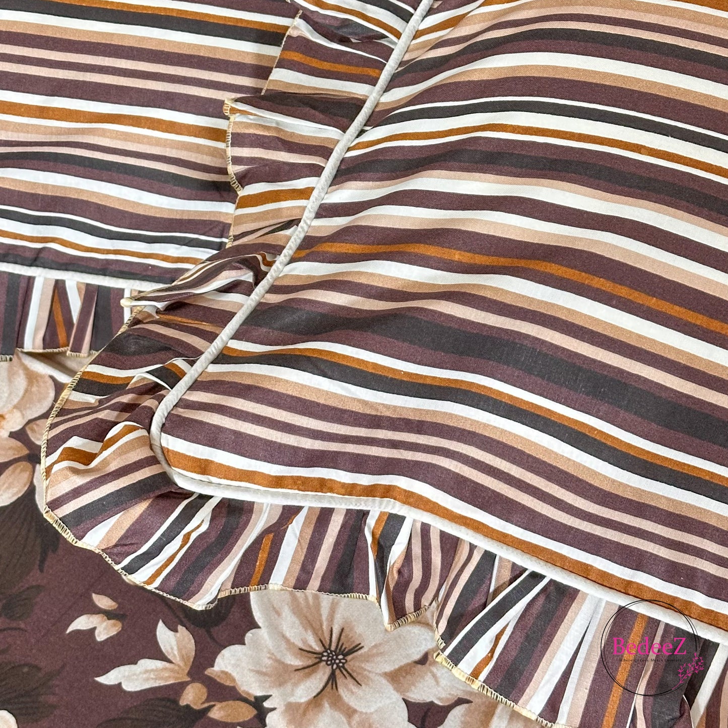 Mocha Floral Cotton Frill Bedsheet