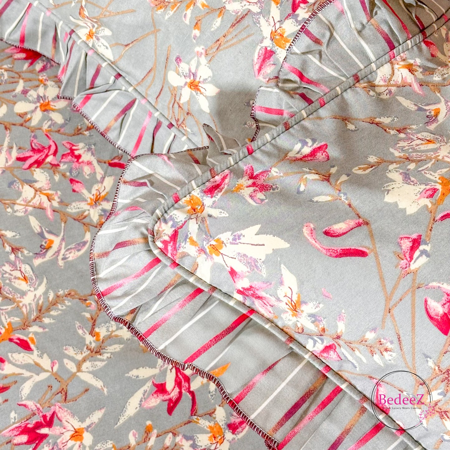 Grey Bloom Cotton Frill Bedsheet