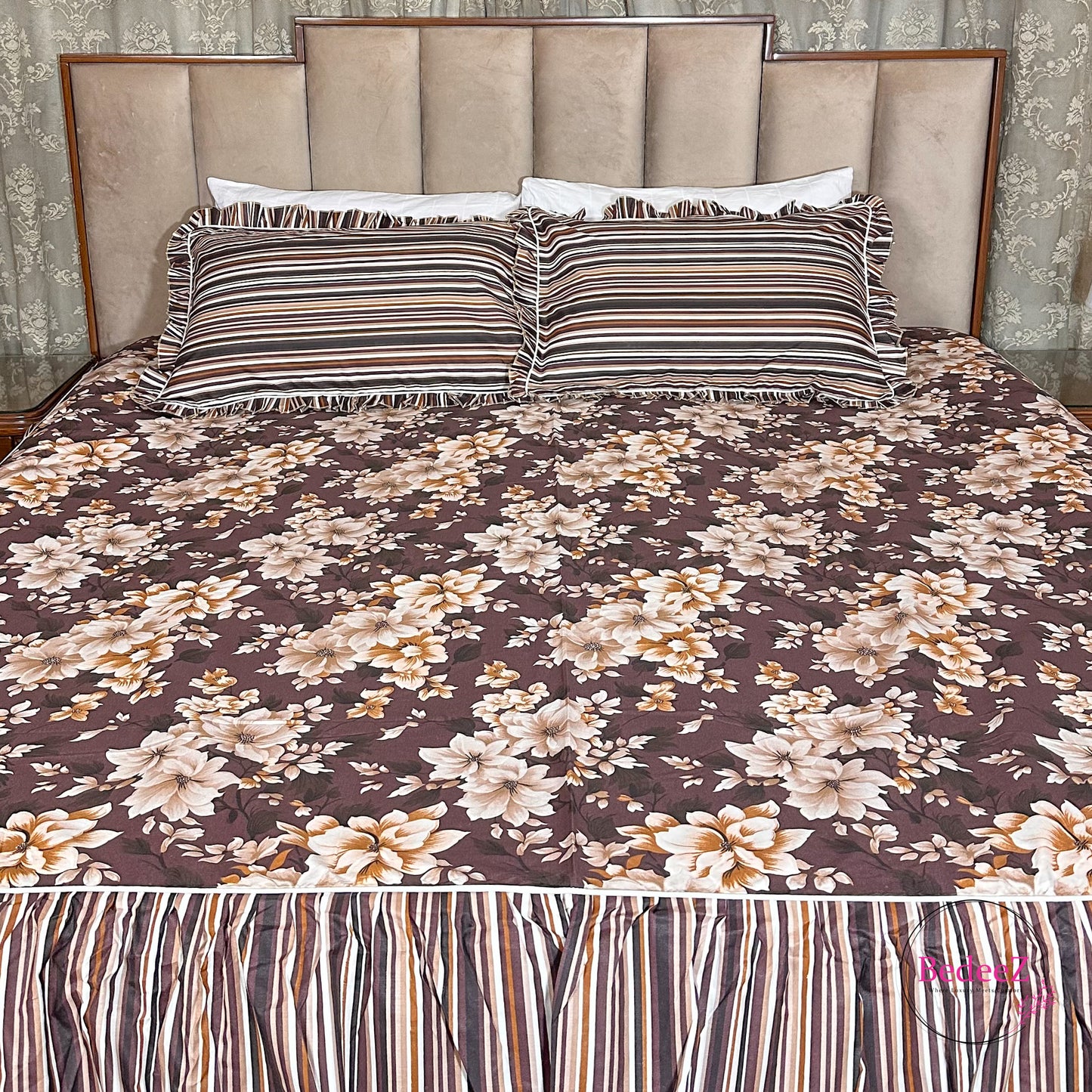 Mocha Floral Cotton Frill Bedsheet