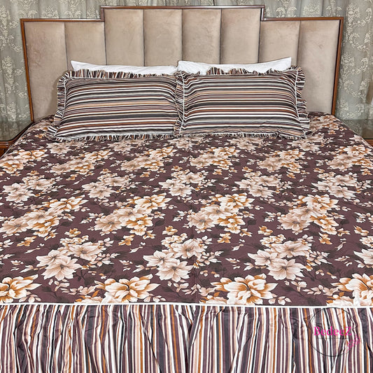 Mocha Floral Cotton Frill Bedsheet