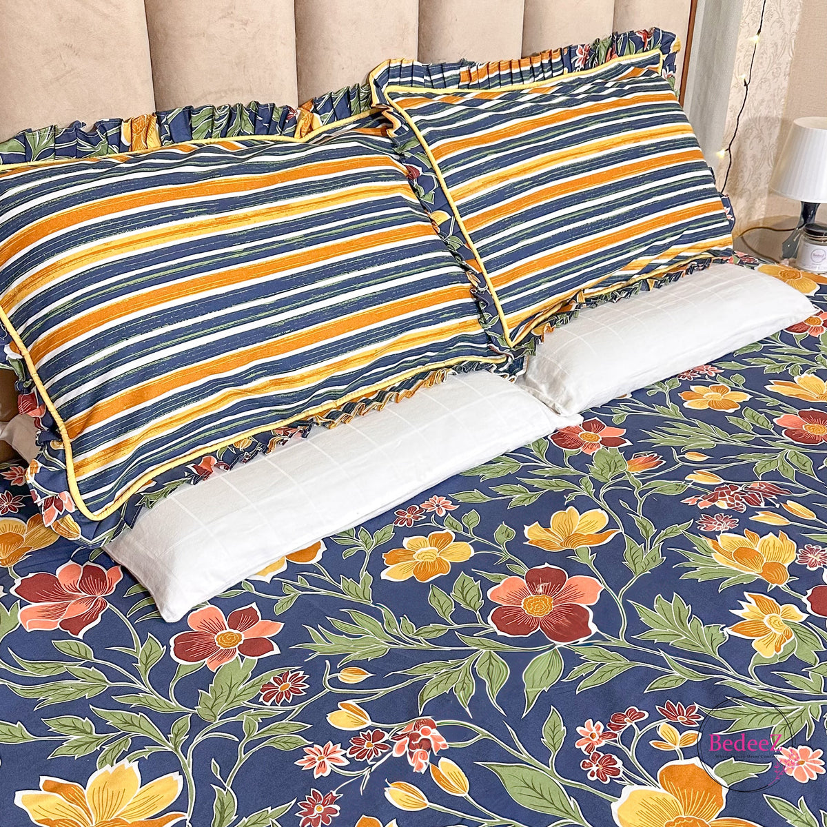 Navy Blue Floral & Striped Frill Cotton Bedsheet (2)
