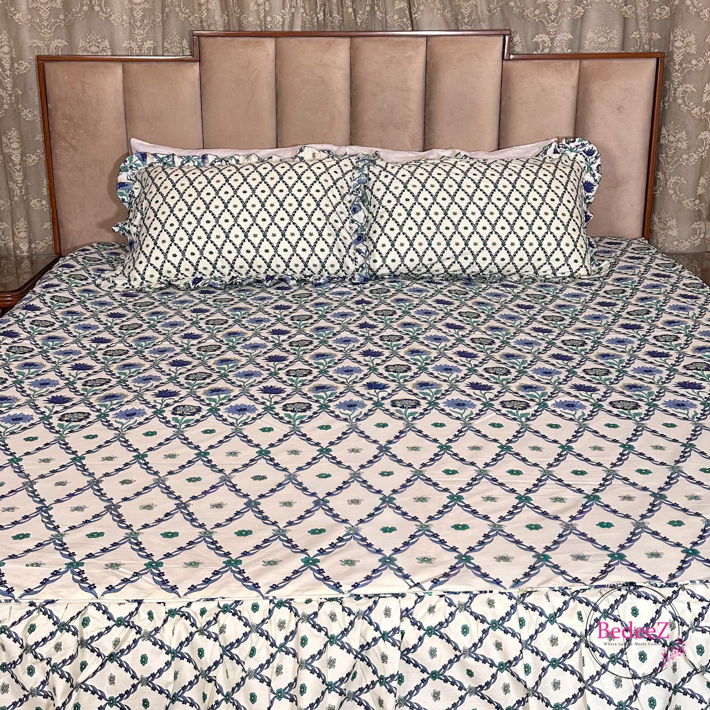 Navy Lattice Cotton Frill Bedsheet