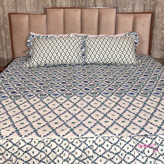 Navy Lattice Cotton Frill Bedsheet