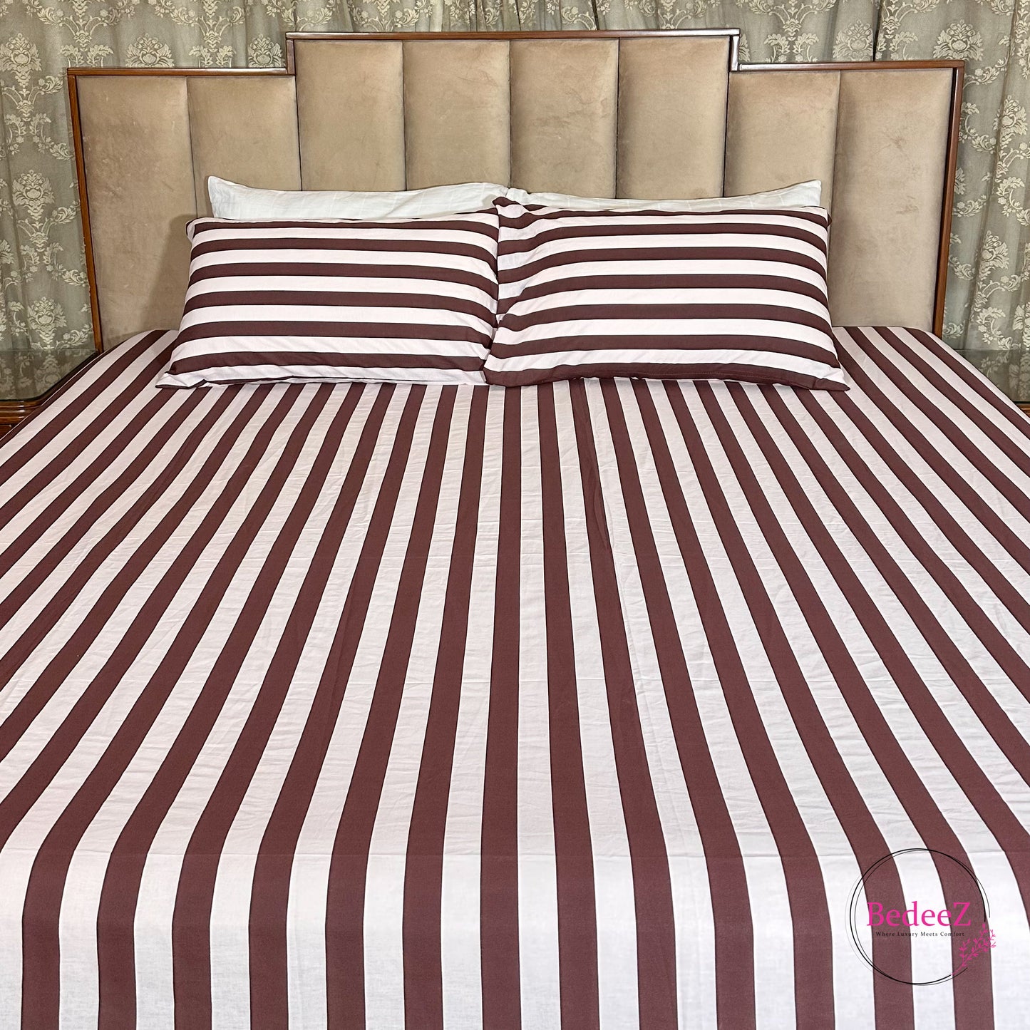 Brown Stripe Cotton Double Bed Bedsheet