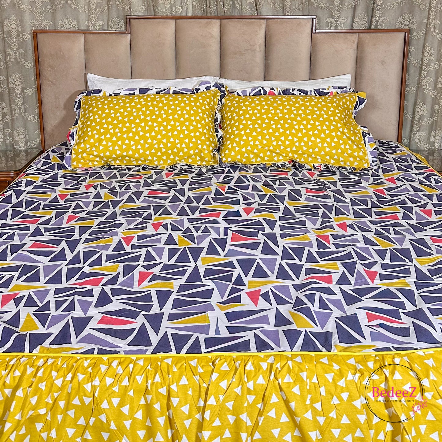 Mustard Mosaic Cotton Frill Bedsheet