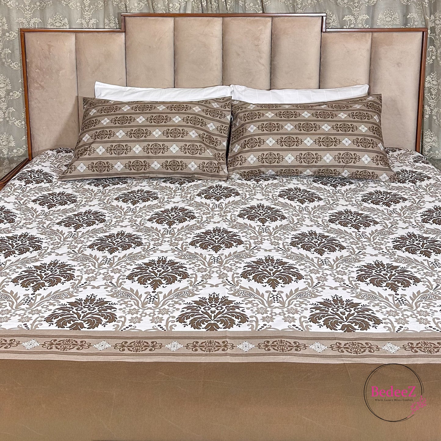 Royal Walnut Damask Cotton Double Bed Bedsheet