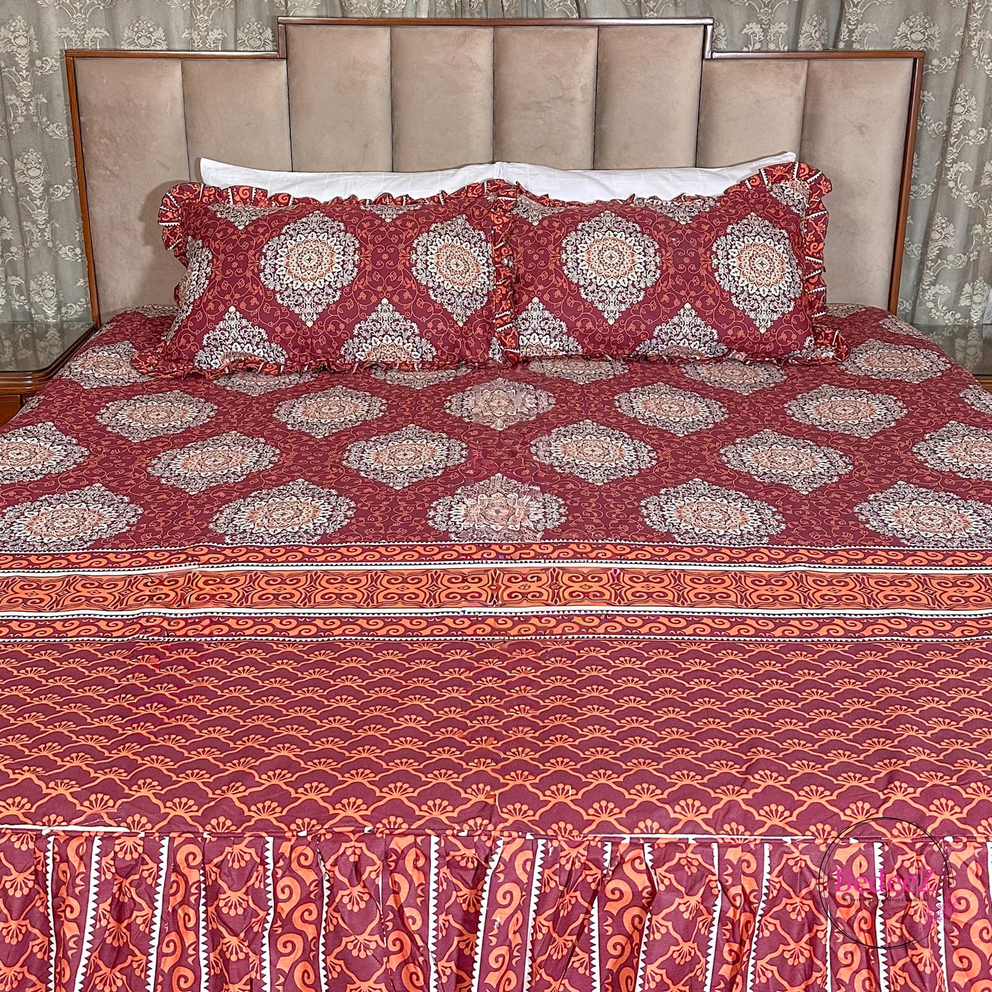 Royal Maroon Medallion Cotton Frill Bedsheet