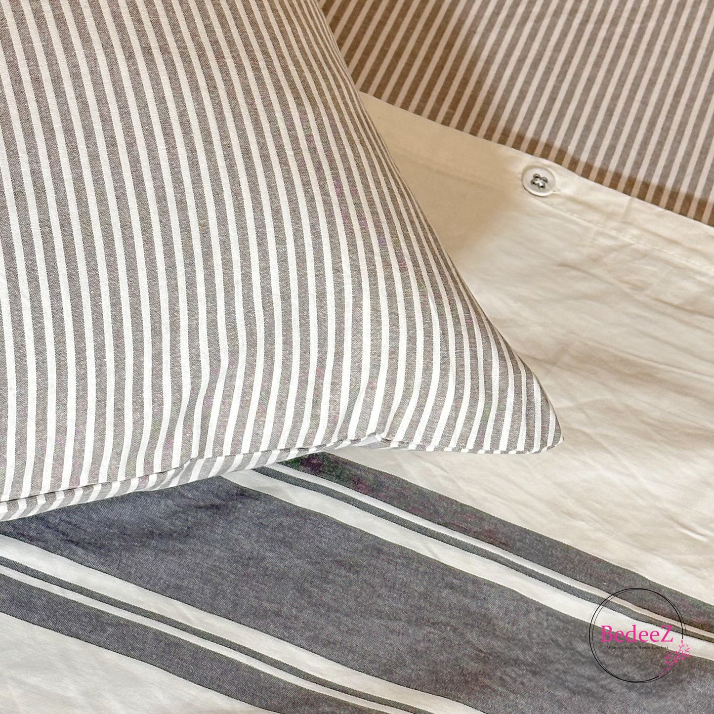 Slate & Ivory Stripe Quilt Cover Double Bed Bedsheet Set