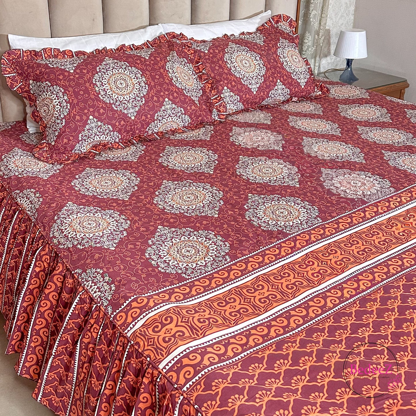 Royal Maroon Medallion Cotton Frill Bedsheet