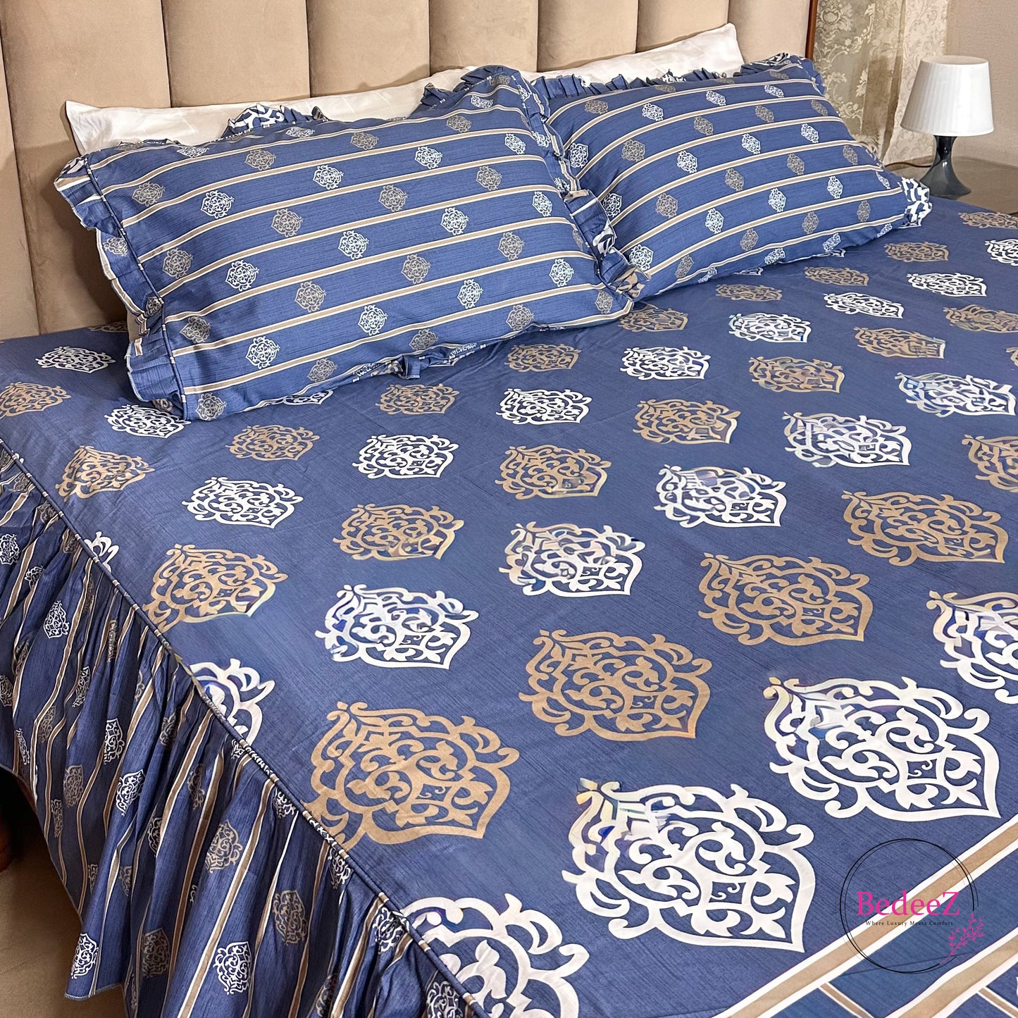 Royal Indigo Medallion Cotton Frill Bedsheet