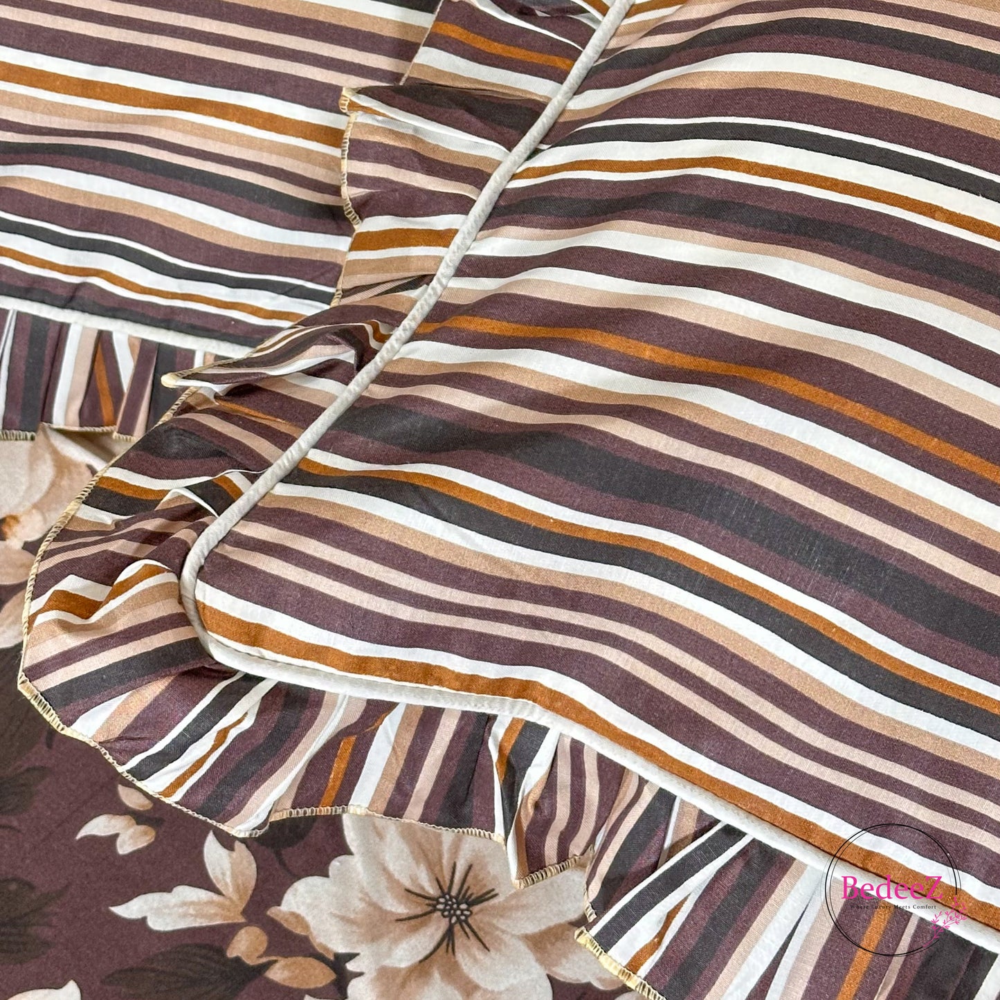 Mocha Floral Cotton Frill Bedsheet
