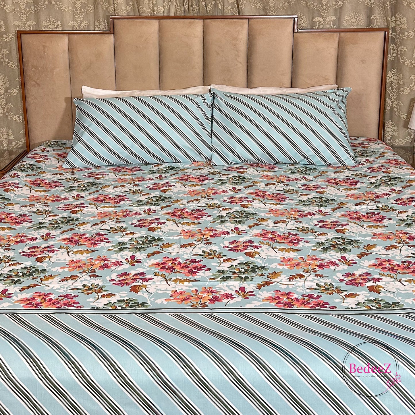 Azure Floral Stripe Cotton Double Bed Bedsheet