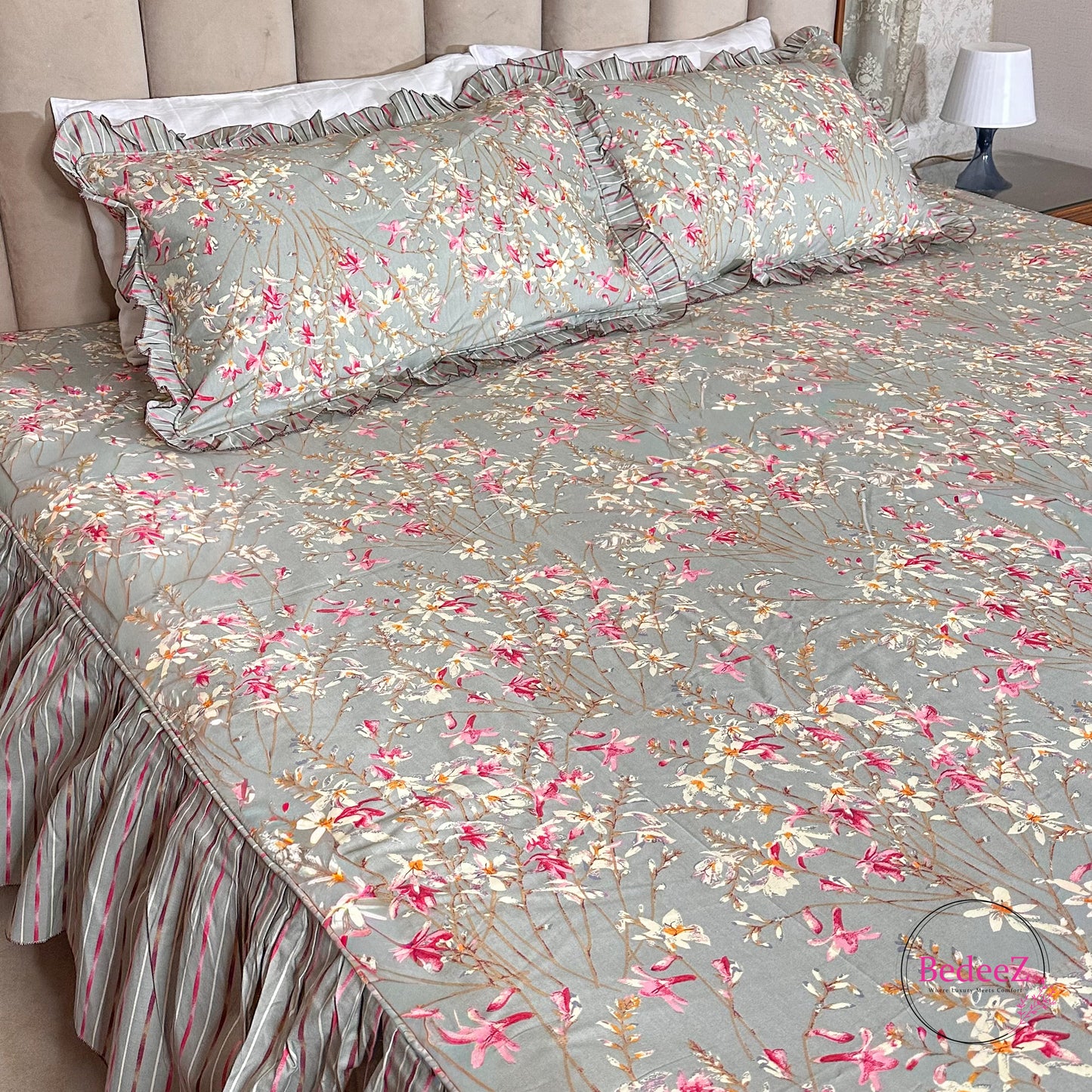 Grey Bloom Cotton Frill Bedsheet