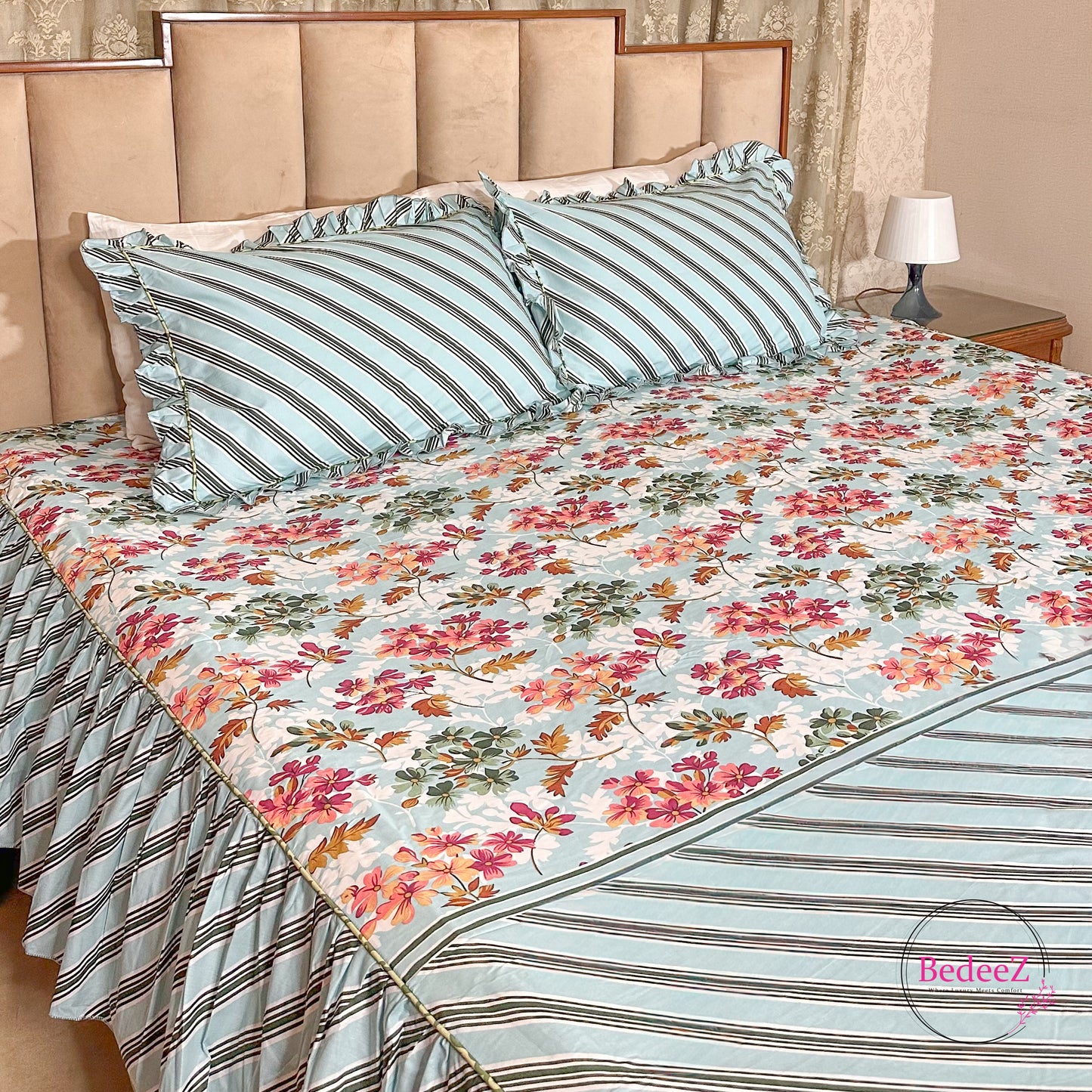 Mint Striped Garden Cotton Frill Bedsheet