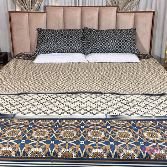 Regal Blue & Beige Geometric Double Bed Bedsheet Set