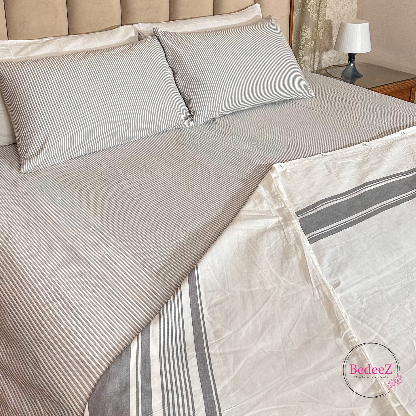 Slate & Ivory Stripe Quilt Cover Double Bed Bedsheet Set