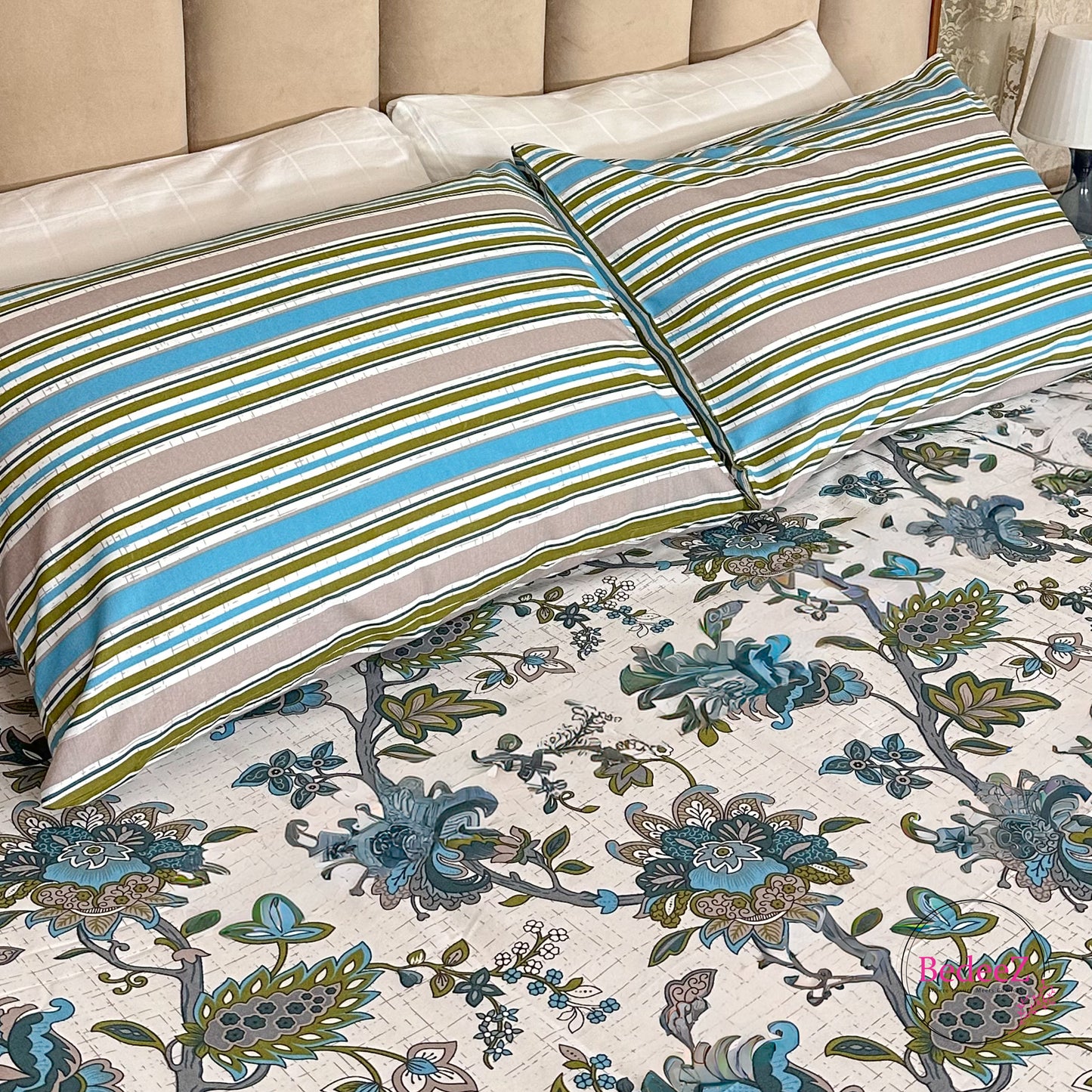 The Artisan Bloom & Stripe Ensemble Cotton Double Bed Bedsheet