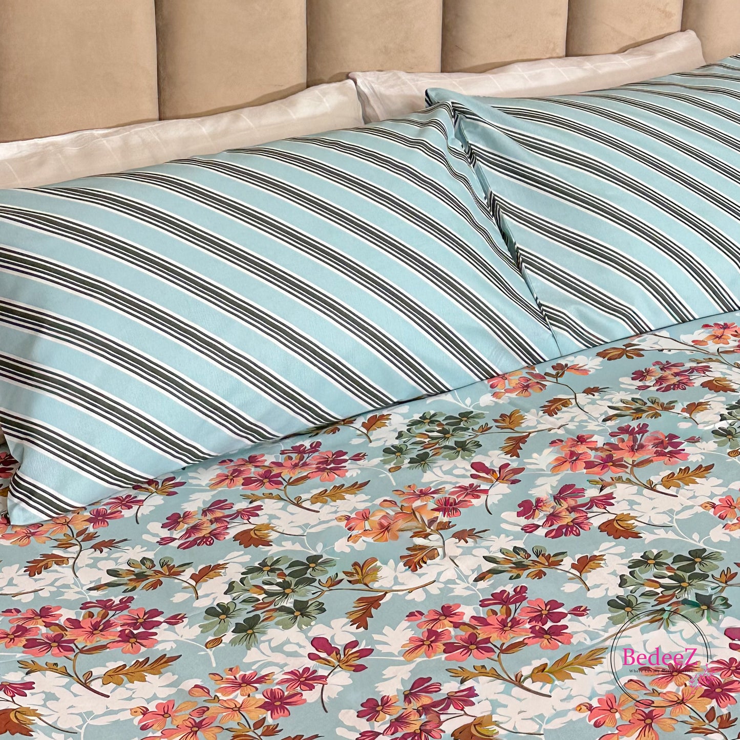 Azure Floral Stripe Cotton Double Bed Bedsheet