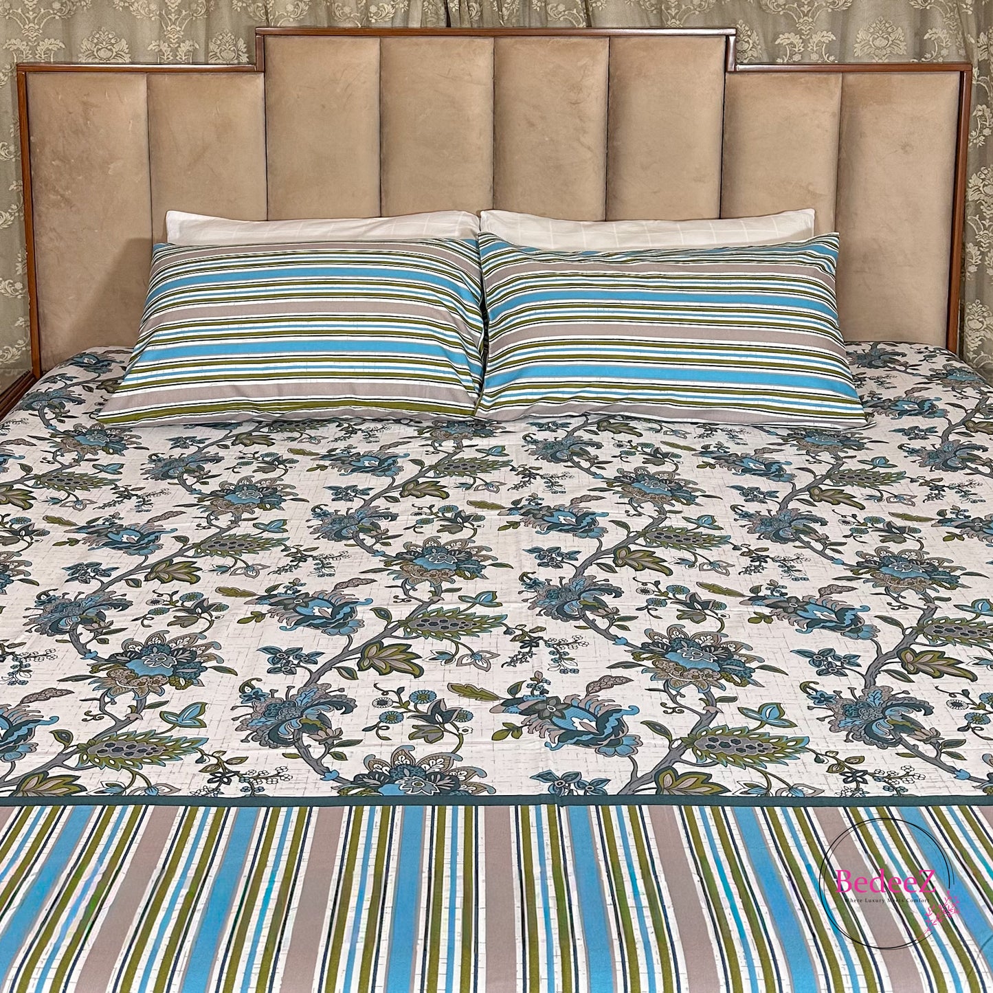 The Artisan Bloom & Stripe Ensemble Cotton Double Bed Bedsheet