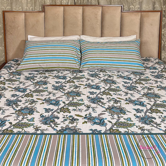 The Artisan Bloom & Stripe Ensemble Cotton Double Bed Bedsheet