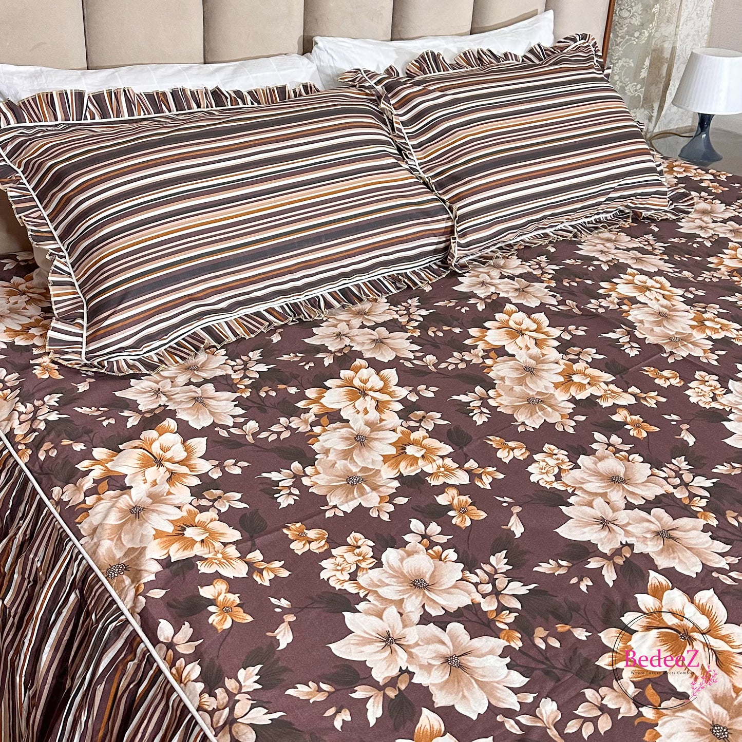 Mocha Floral Cotton Frill Bedsheet