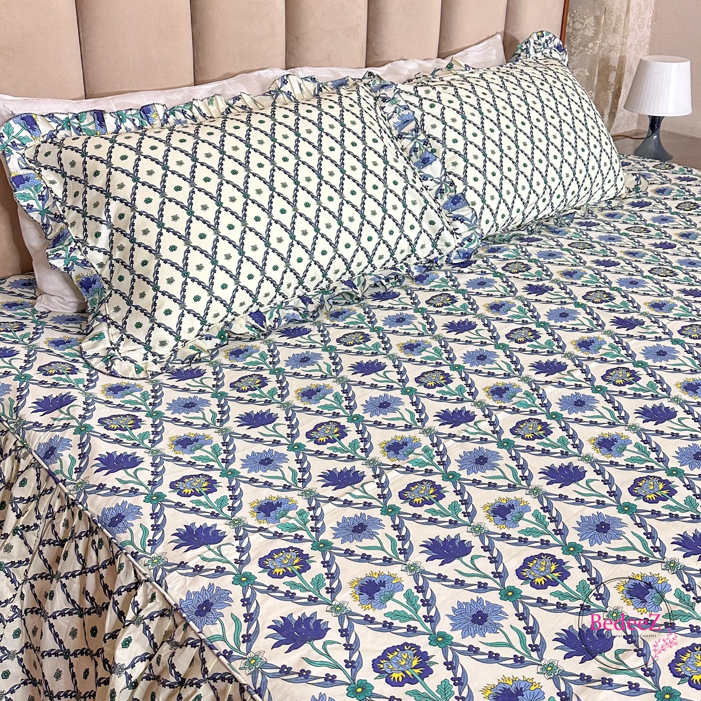 Navy Lattice Cotton Frill Bedsheet