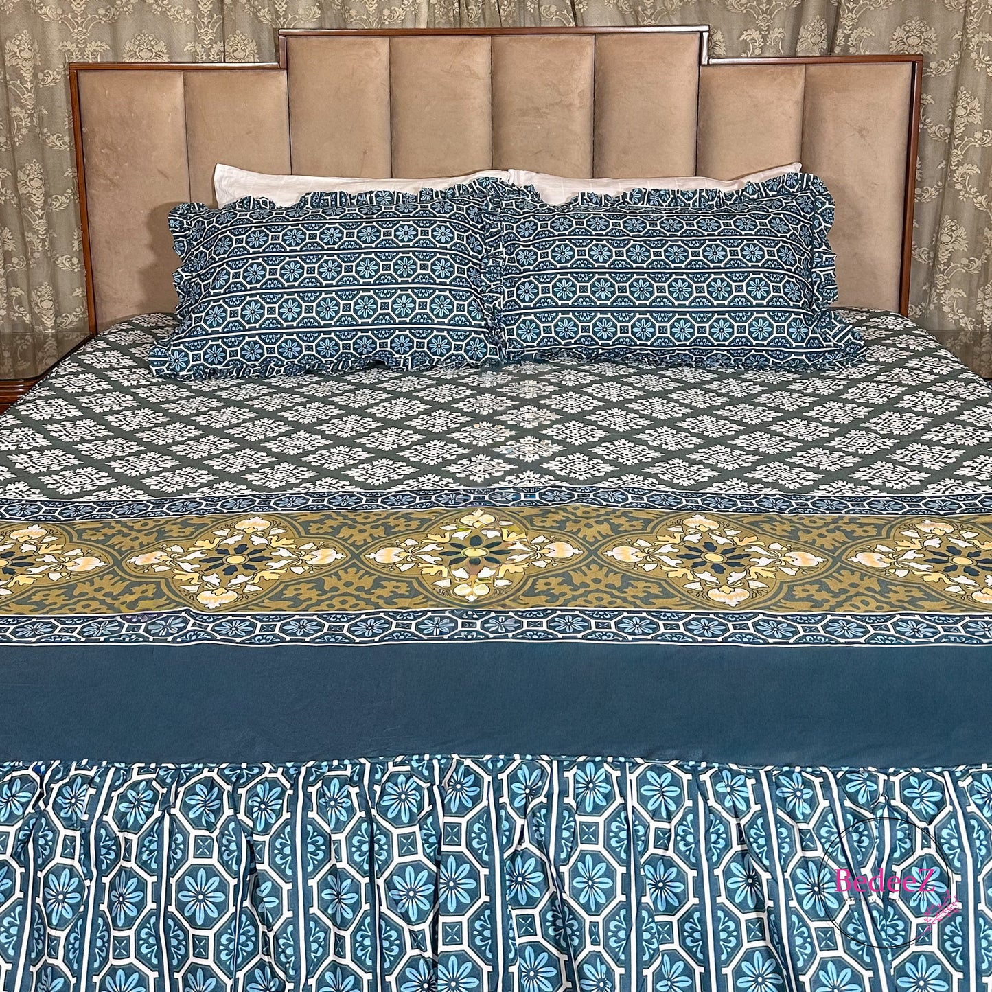 Teal Mosaic Cotton Frill Bedsheet