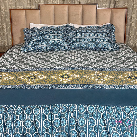 Teal Mosaic Cotton Frill Bedsheet