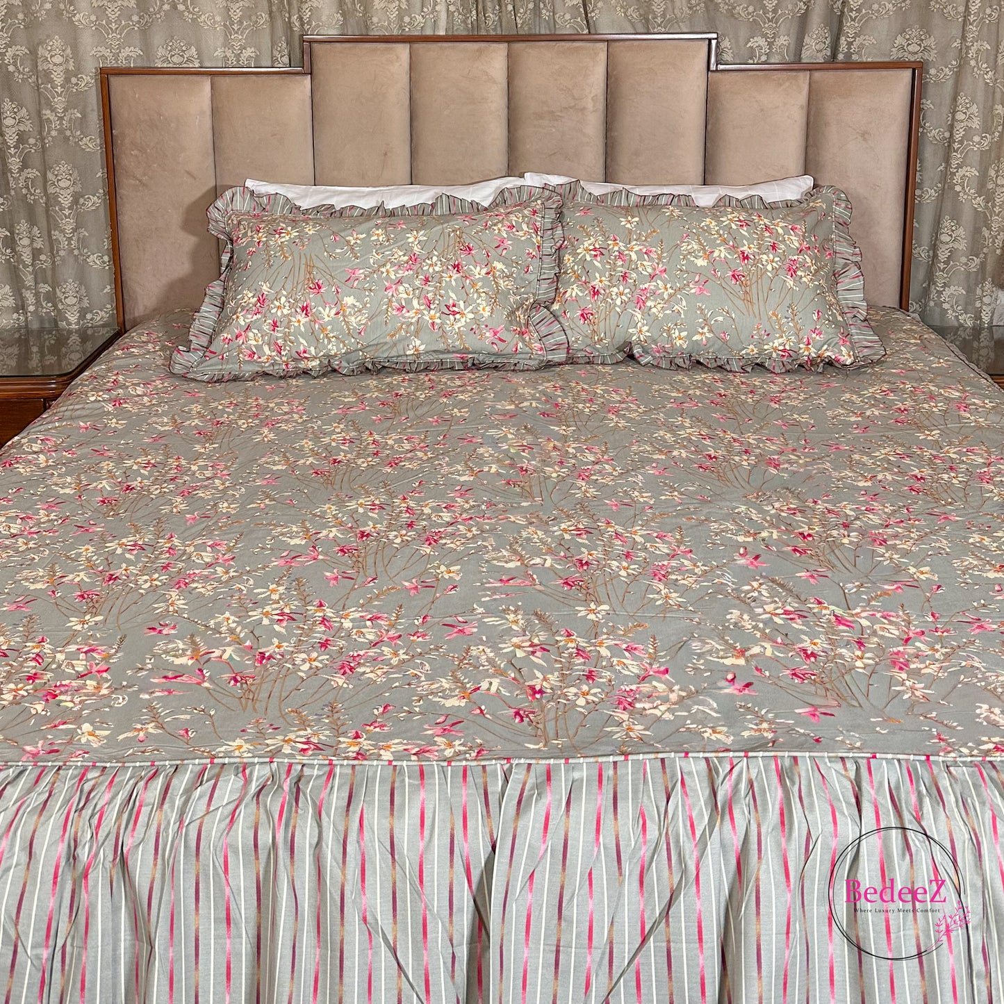 Grey Bloom Cotton Frill Bedsheet