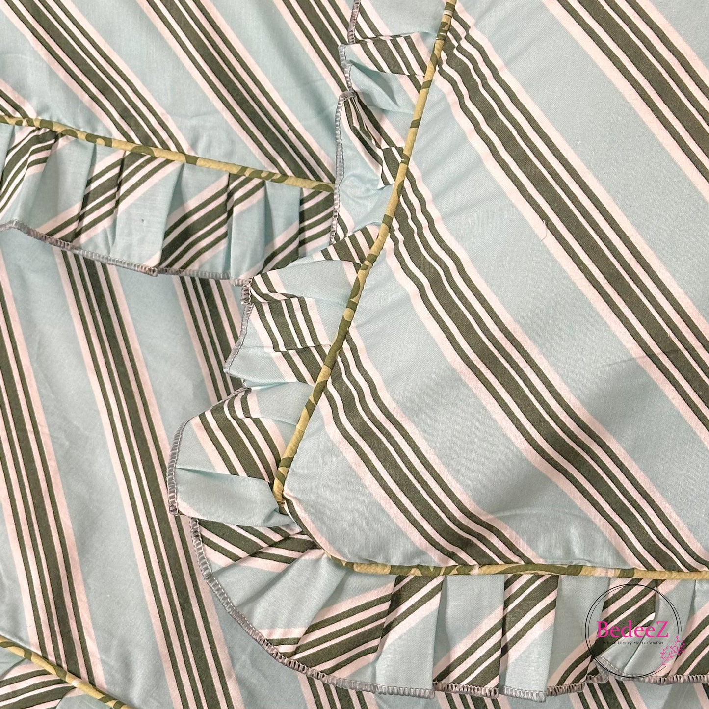 Mint Striped Garden Cotton Frill Bedsheet