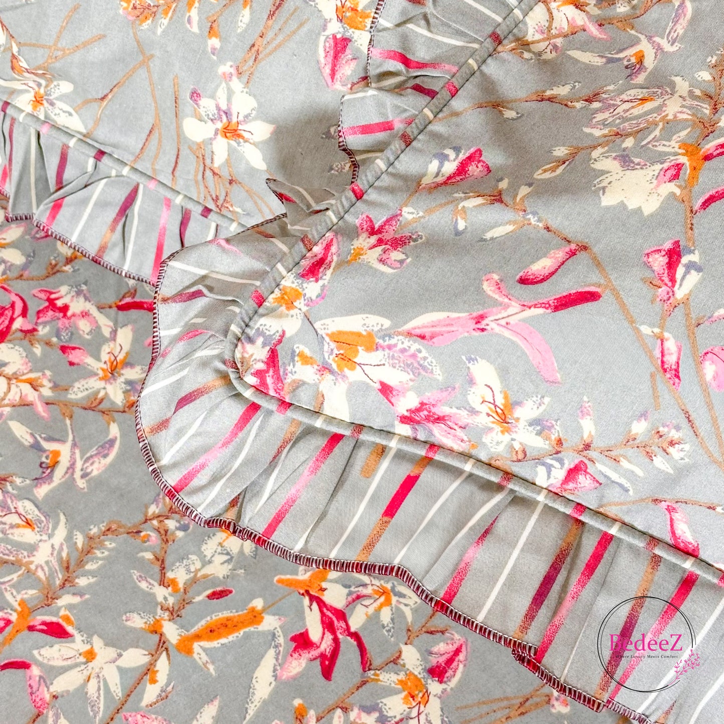 Grey Bloom Cotton Frill Bedsheet