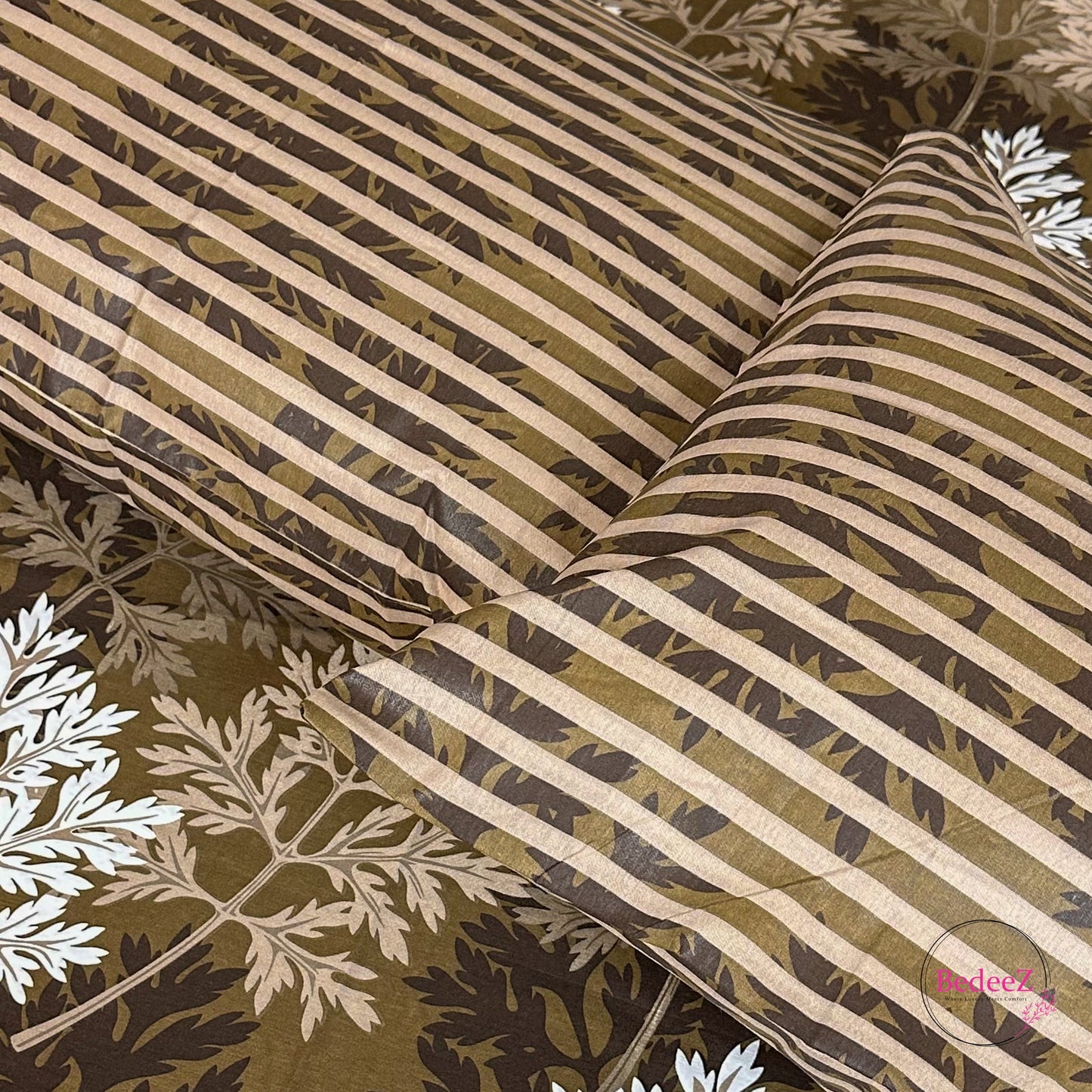 Earthy Brown Botanical Double Bed Bedsheet Set