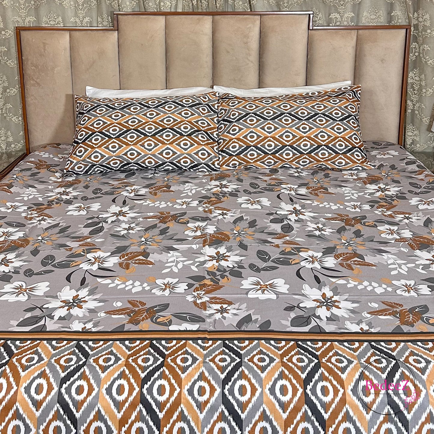 Slate Diamond Floral Cotton Double Bed Bedsheet