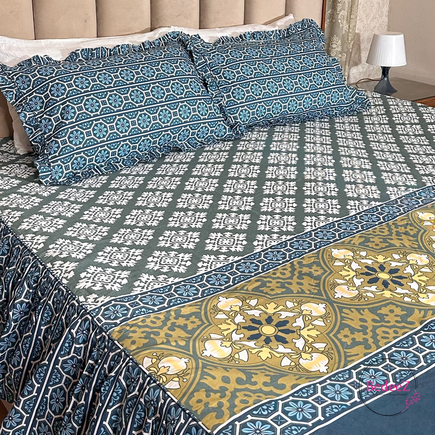 Teal Mosaic Cotton Frill Bedsheet