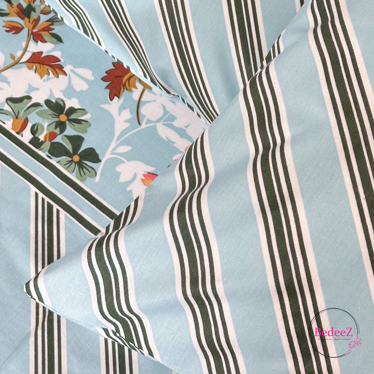Azure Floral Stripe Cotton Double Bed Bedsheet