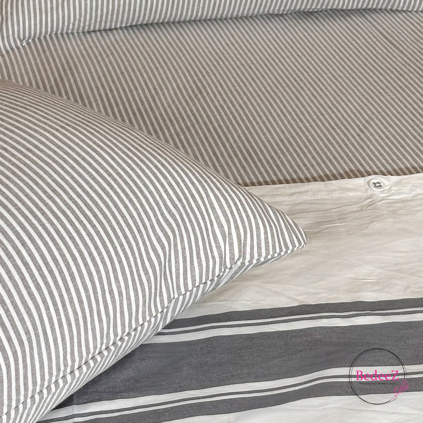 Slate & Ivory Stripe Quilt Cover Double Bed Bedsheet Set